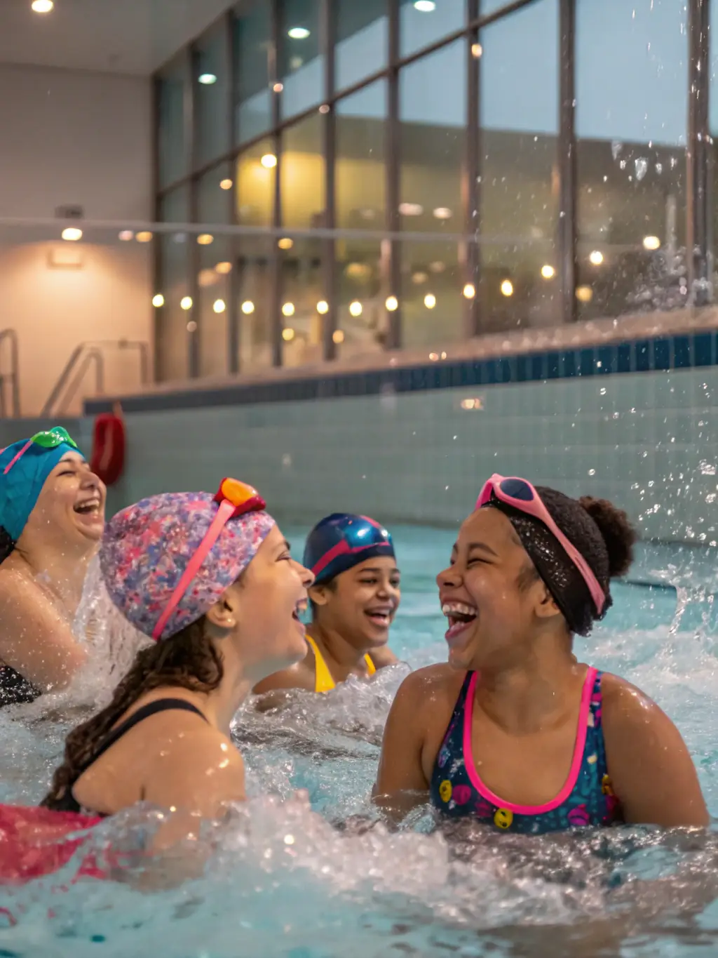A diverse group of adults participating in an aqua aerobics class, led by an instructor in a swimming pool.