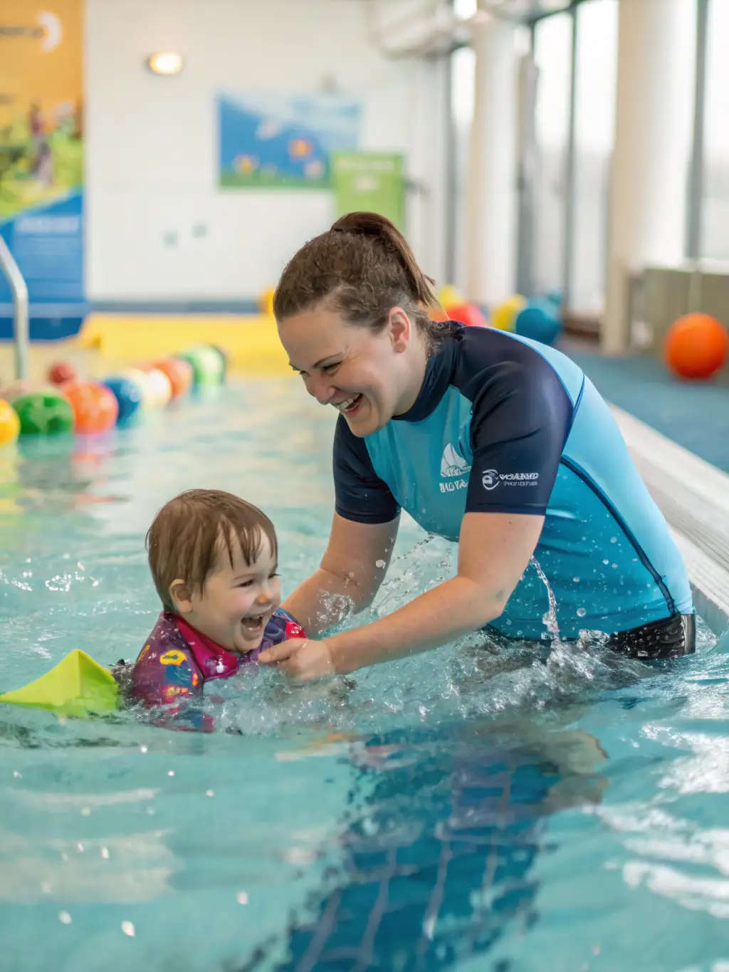 A dynamic image of children participating in a beginner swimming lesson, with an instructor demonstrating proper technique in a clear, shallow pool.