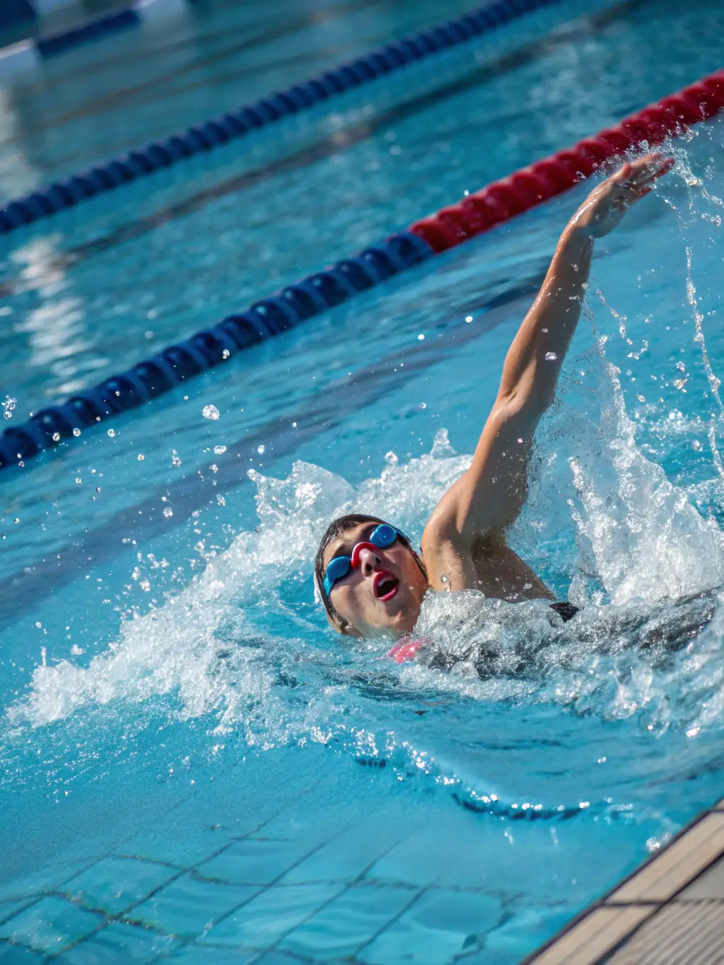 A competitive swimming event with participants of various ages racing in different strokes, highlighting the competitive spirit and athletic development fostered by COMITE DEPARTEMENTAL DE NATATION DE LA CHARENTE-MARITIME.