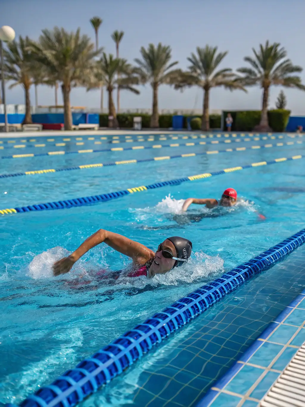 Swimmers participating in a competitive swimming event, showcasing speed, technique, and sportsmanship.