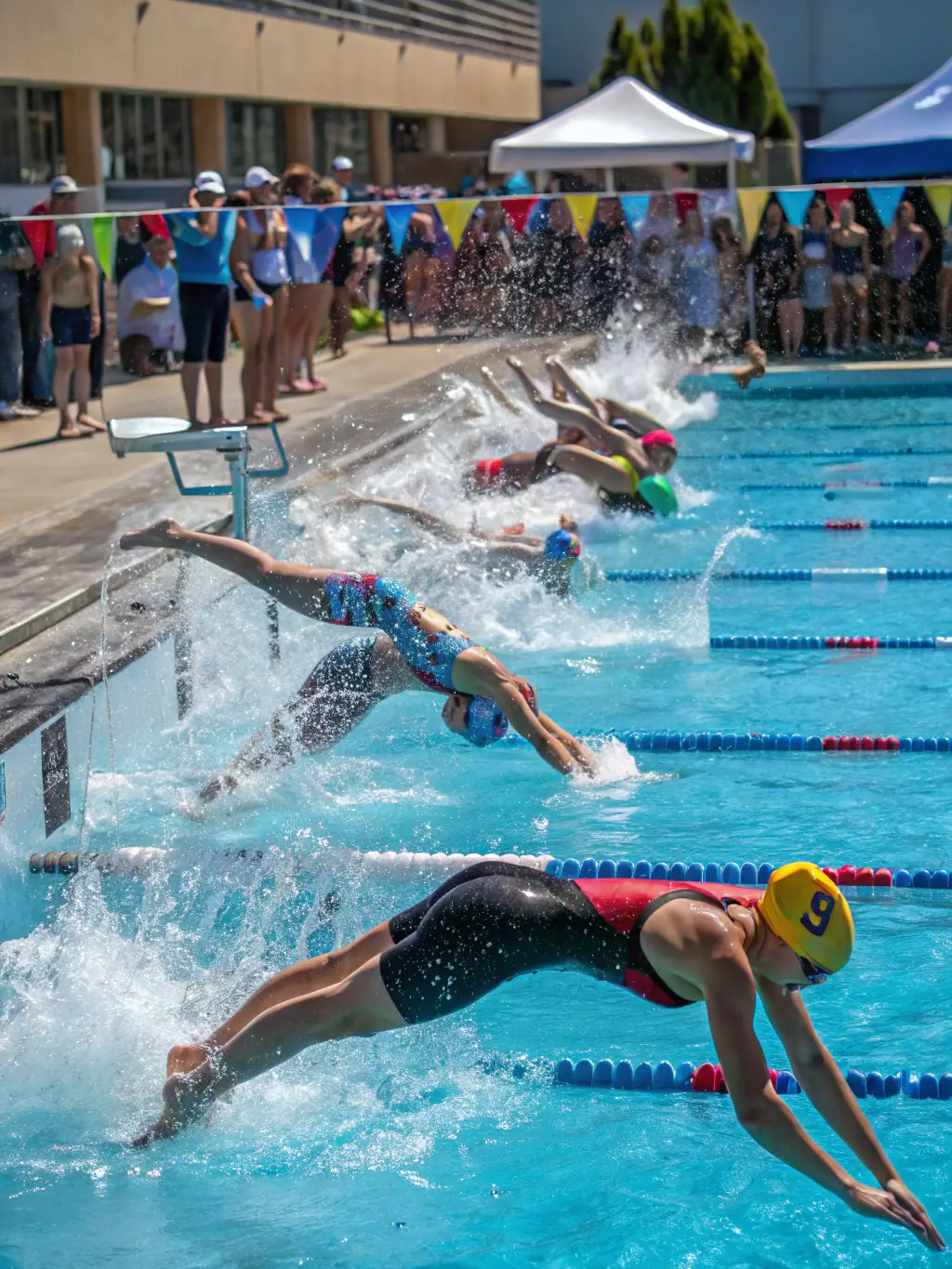 An action shot of competitive swimmers diving into a pool during a race, showcasing their speed and agility.