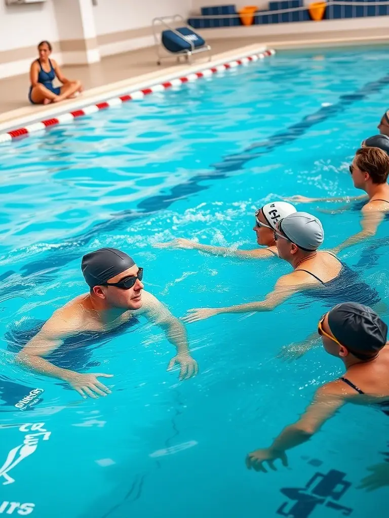 A serene image of adults participating in a water aerobics class, with a focus on gentle movements and social interaction.