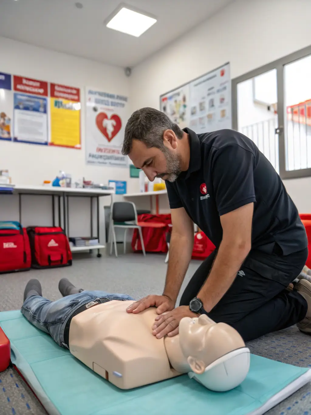 A lifeguard training session in progress, showing participants practicing rescue techniques and CPR on a dummy.