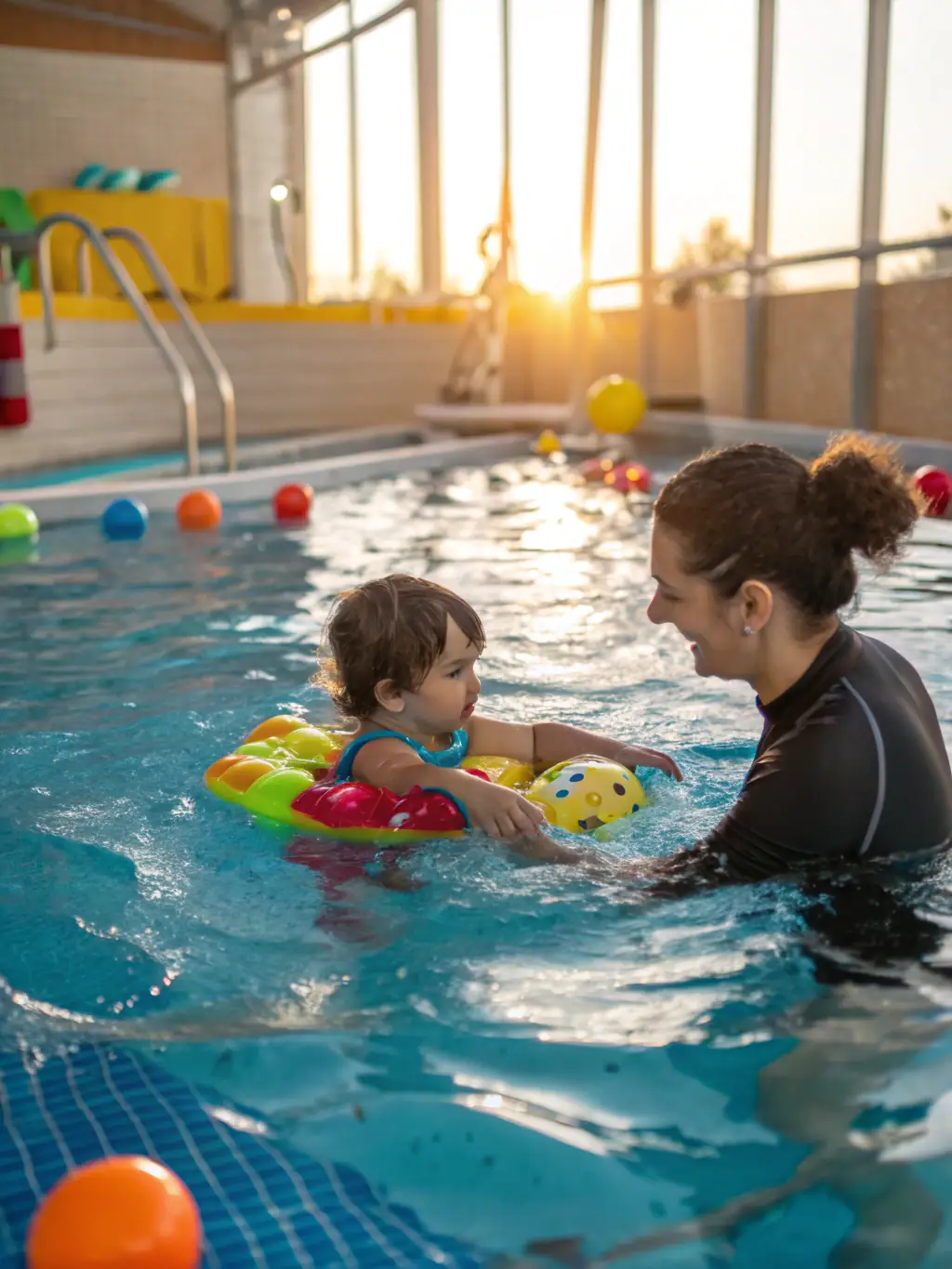 A coach instructing young children on basic swimming techniques in a shallow pool, emphasizing water safety and confidence.